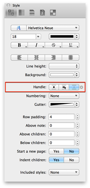 Use the Style inspector to adjust the visibility of row handles with OmniOutliner 4 Pro