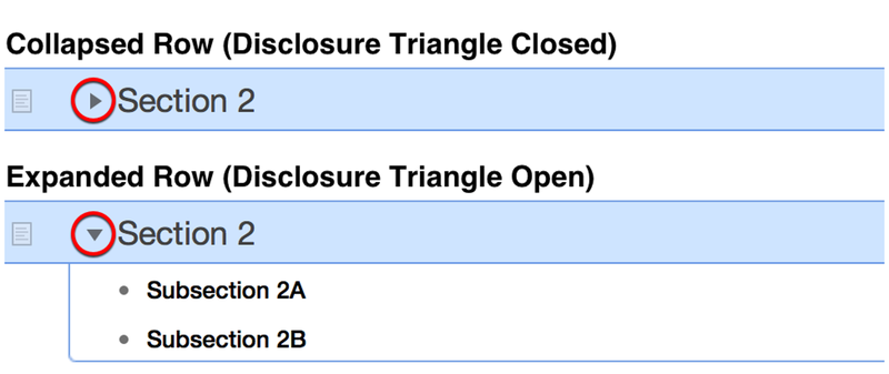 The Section 2 row collapsed and expanded