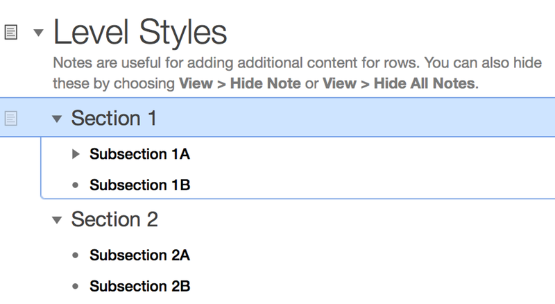 Clicking the disclosure triangle reveals that Subsection 1A is still collapsed