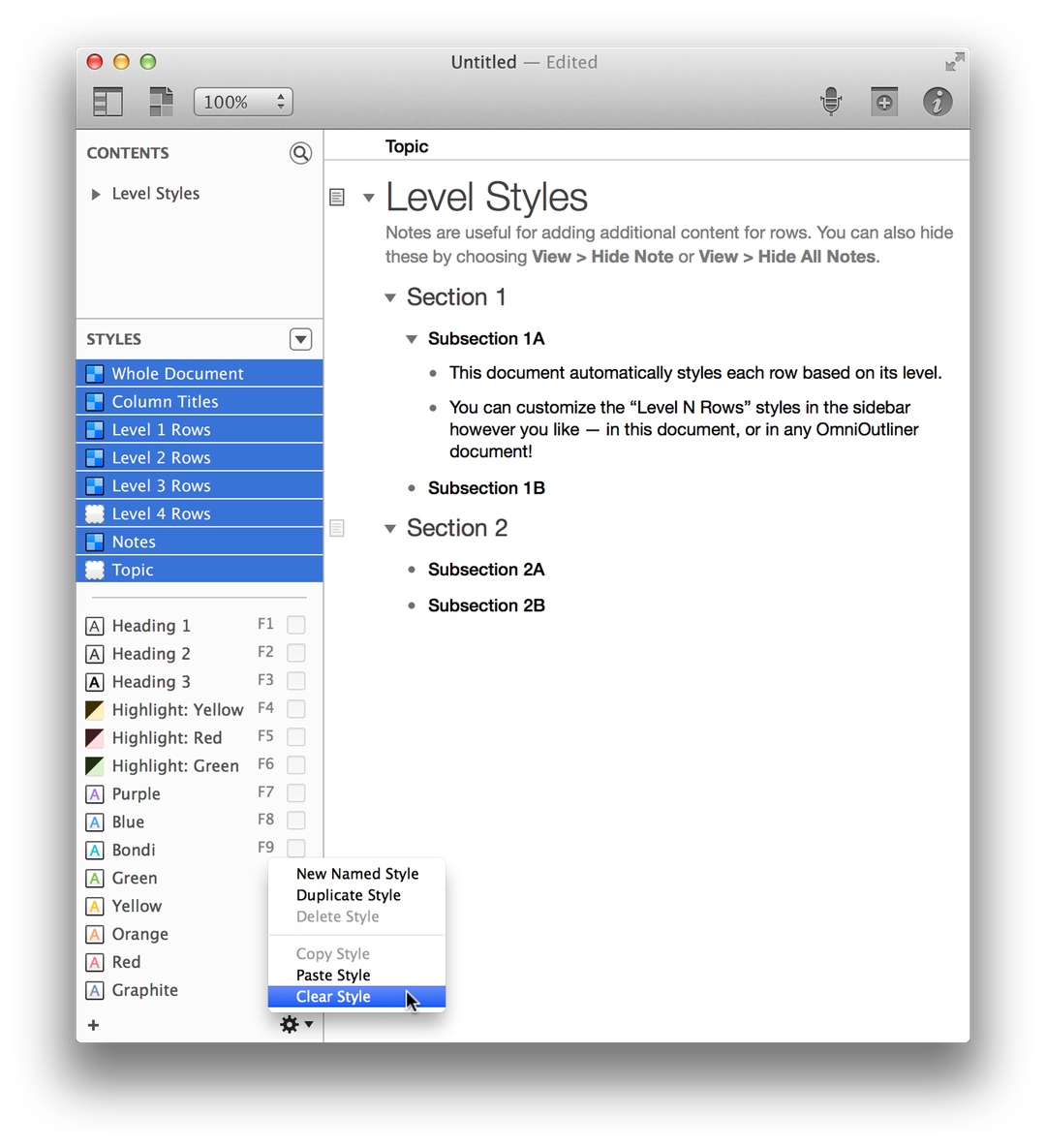 Choose Clear Style from the Action menu to remove styles