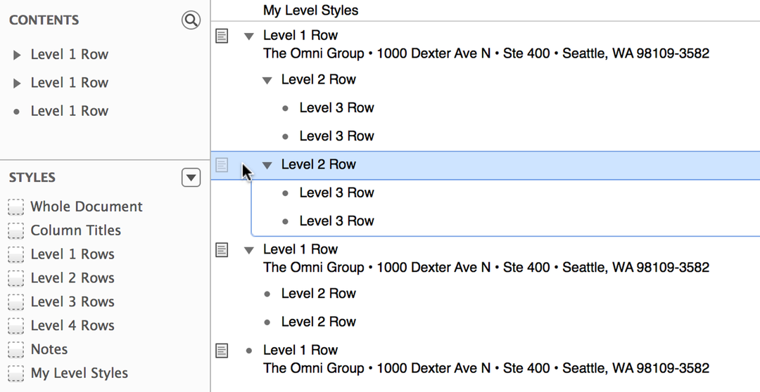 Select the second Level 2 Row and its children by clicking in the gutter