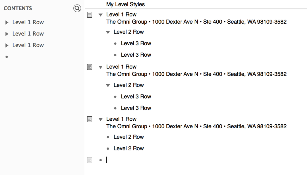Press Return, followed by Shift-Tab, to insert a new Level 1 Row at the bottom of the document