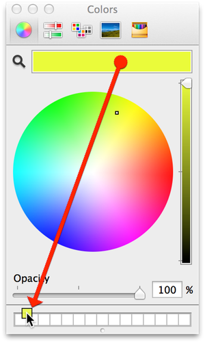 Drag your favorite colors to the bottom of the Colors palette to add color chits you can reuse later
