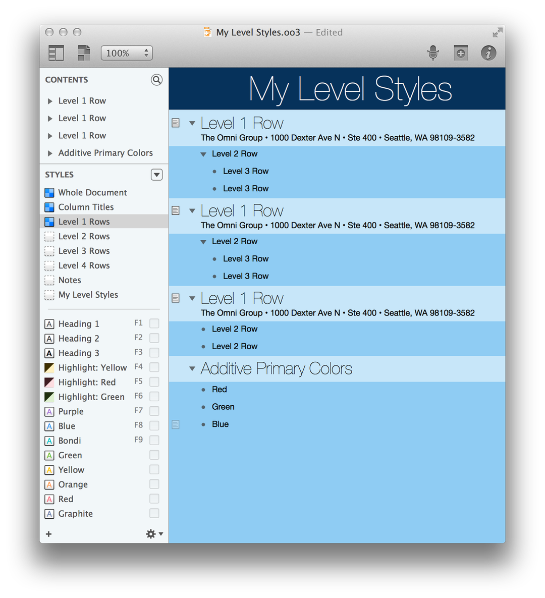 The My Level Styles document after styling the Level 1 Rows