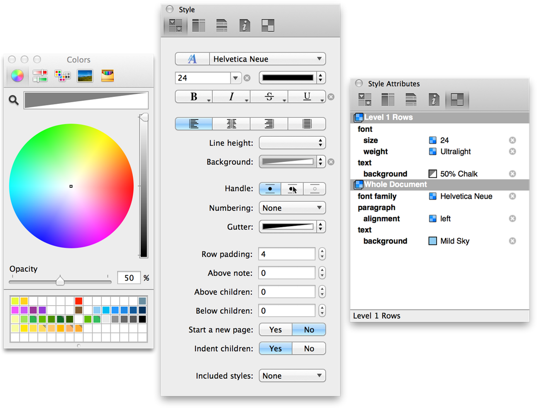 The Colors palette, and Style and Style Attributes inspectors after styling the Level 1 Rows