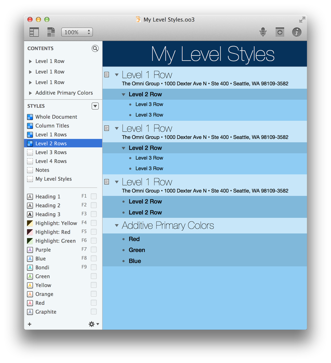 The My Level Styles document after styling the Level 2 Rows