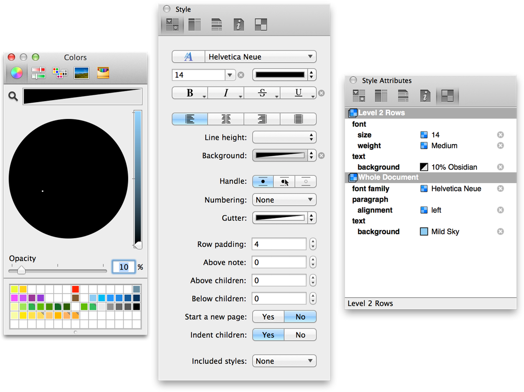 The Colors palette, and Style and Style Attributes inspectors after styling the Level 2 Rows