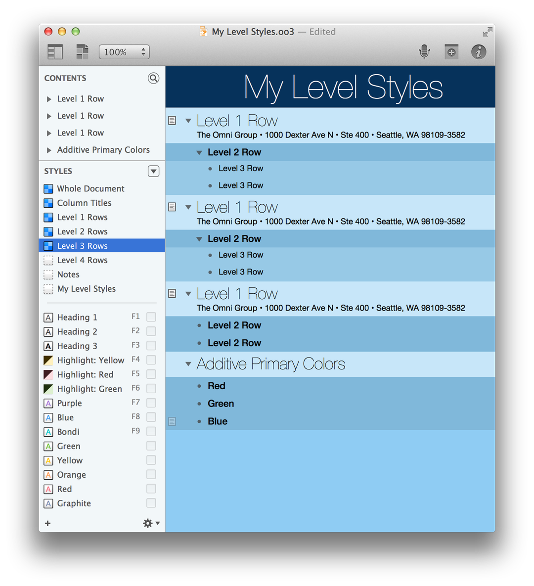 The My Level Styles document after styling the Level 3 Rows