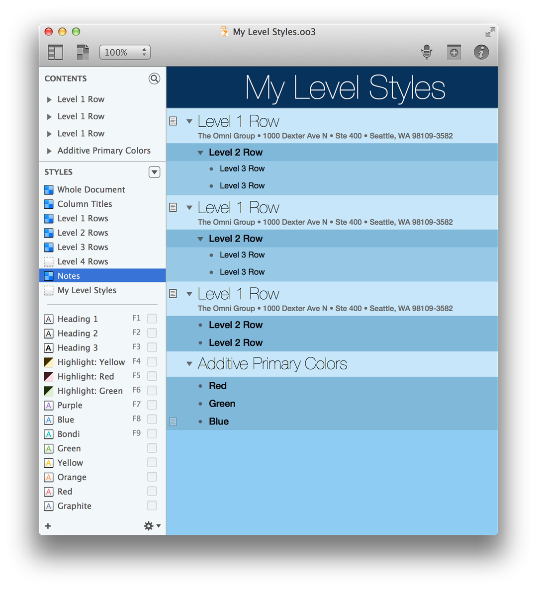 The My Level Styles document after styling the Notes