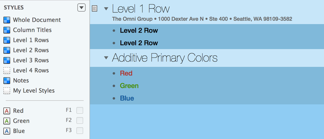 The rows of the Additive Primary Colors section are now colored appropriately using the new named styles