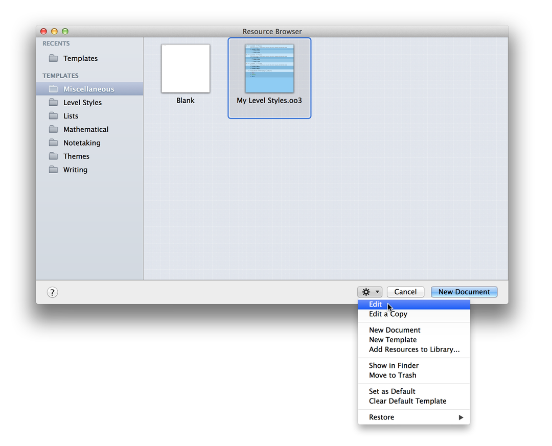 Templates can be edited by first opening them in the Resource Browser