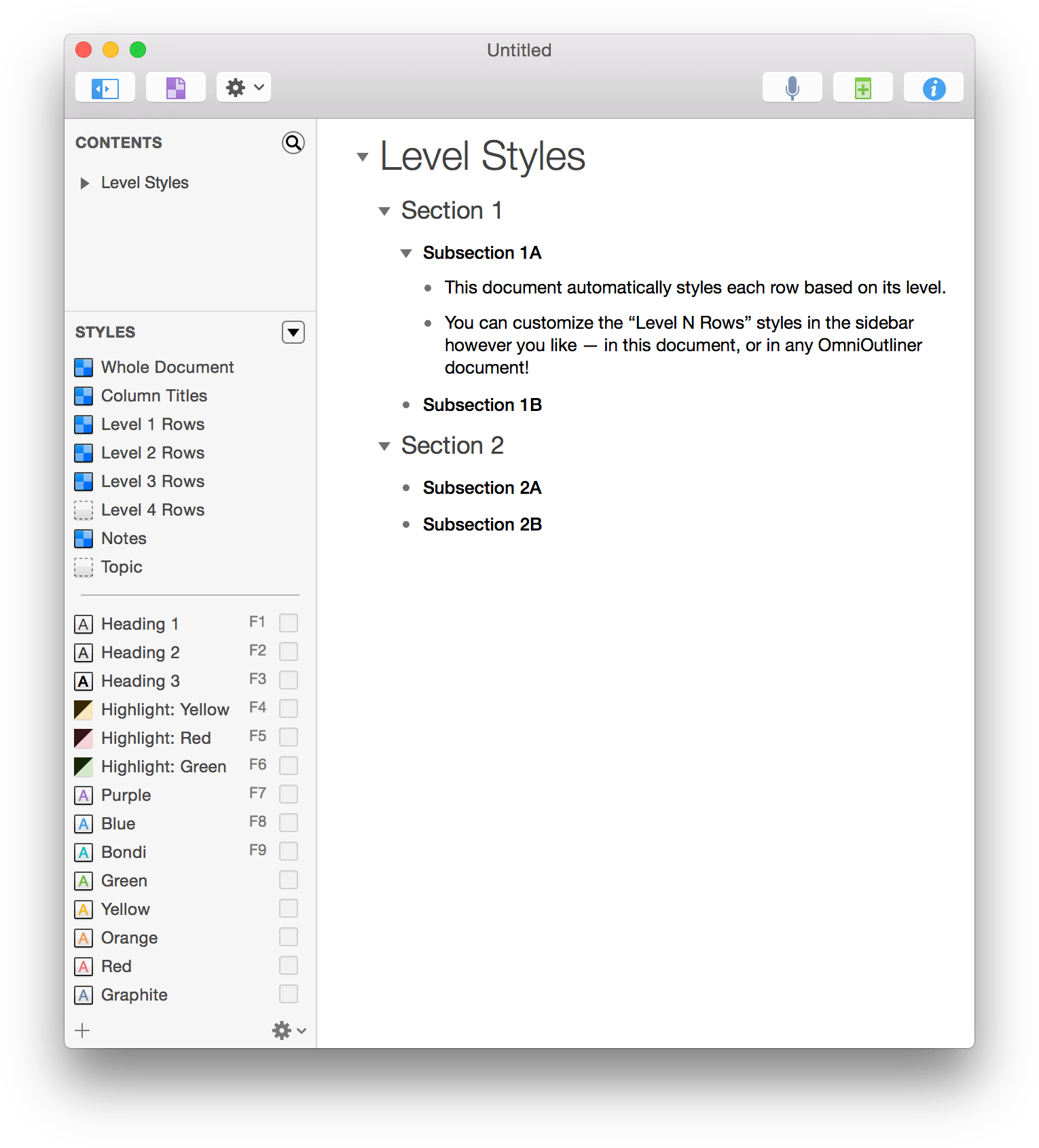 A new OmniOutliner document, based on the Modern with Level Styles-themed template