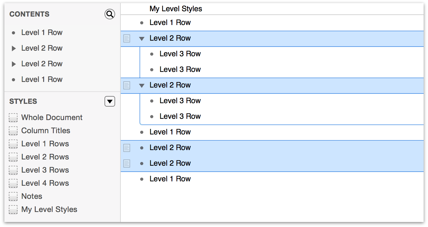With the Level 2 Rows indented, your document starts to take shape