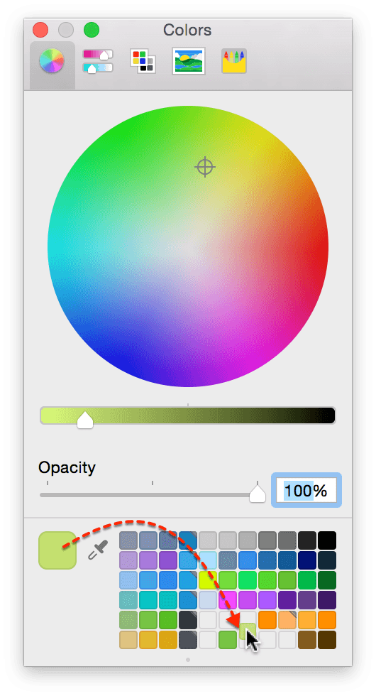 Drag your favorite colors to the bottom of the Colors palette to add color chits you can reuse later