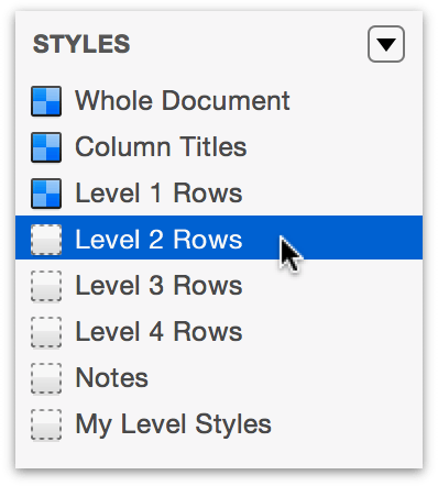 Select Level 2 Rows in the Styles pane of the sidebar