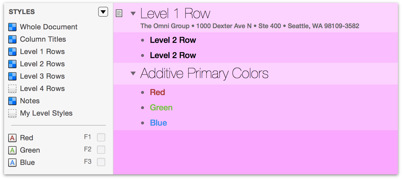 The rows of the Additive Primary Colors section are now colored appropriately using the new named styles