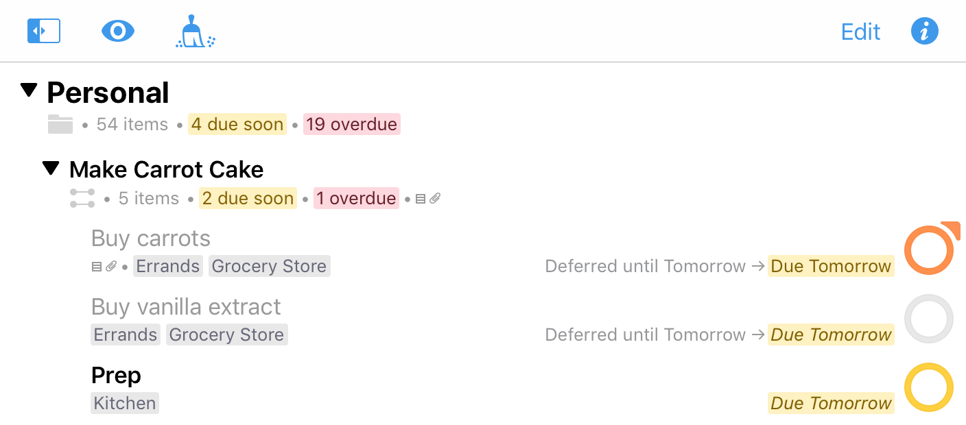 The outline in the center pane of OmniFocus three, full of actions and projects to work on.