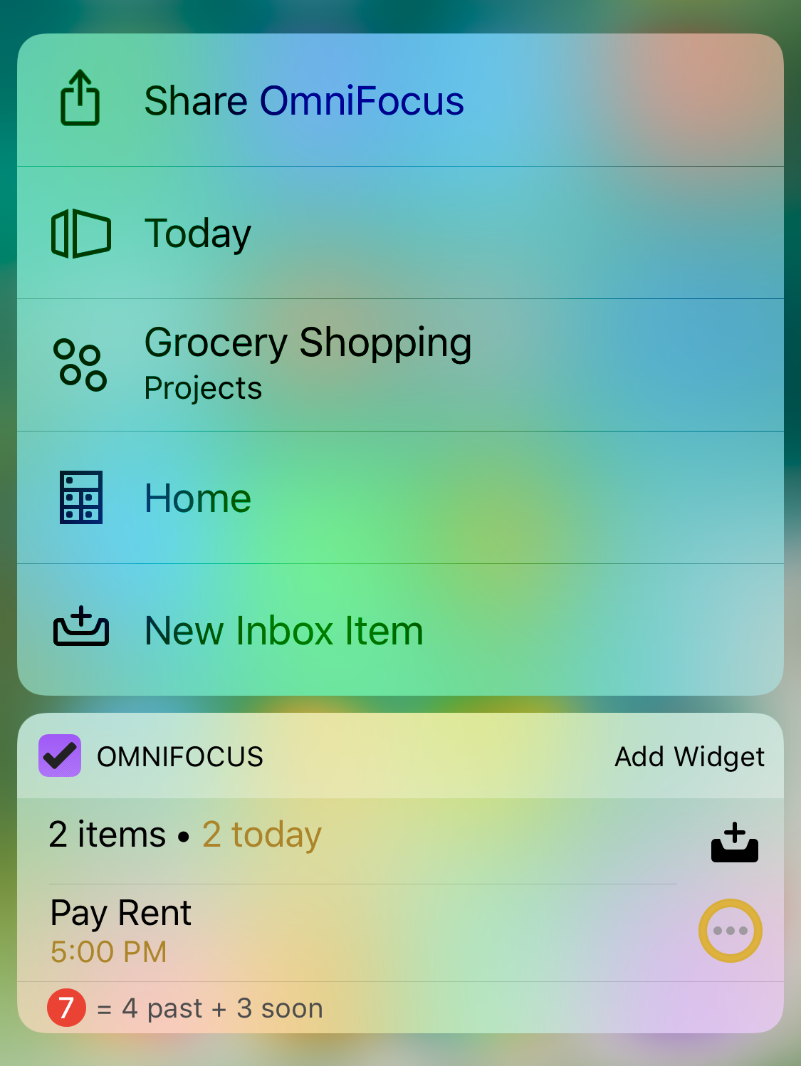 Quick actions from the OmniFocus app icon on the iOS Home screen.