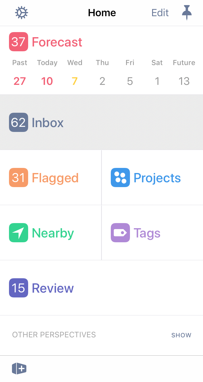 The Home view in the sidebar, ready to bring you to any of the default OmniFocus perspectives and beyond.