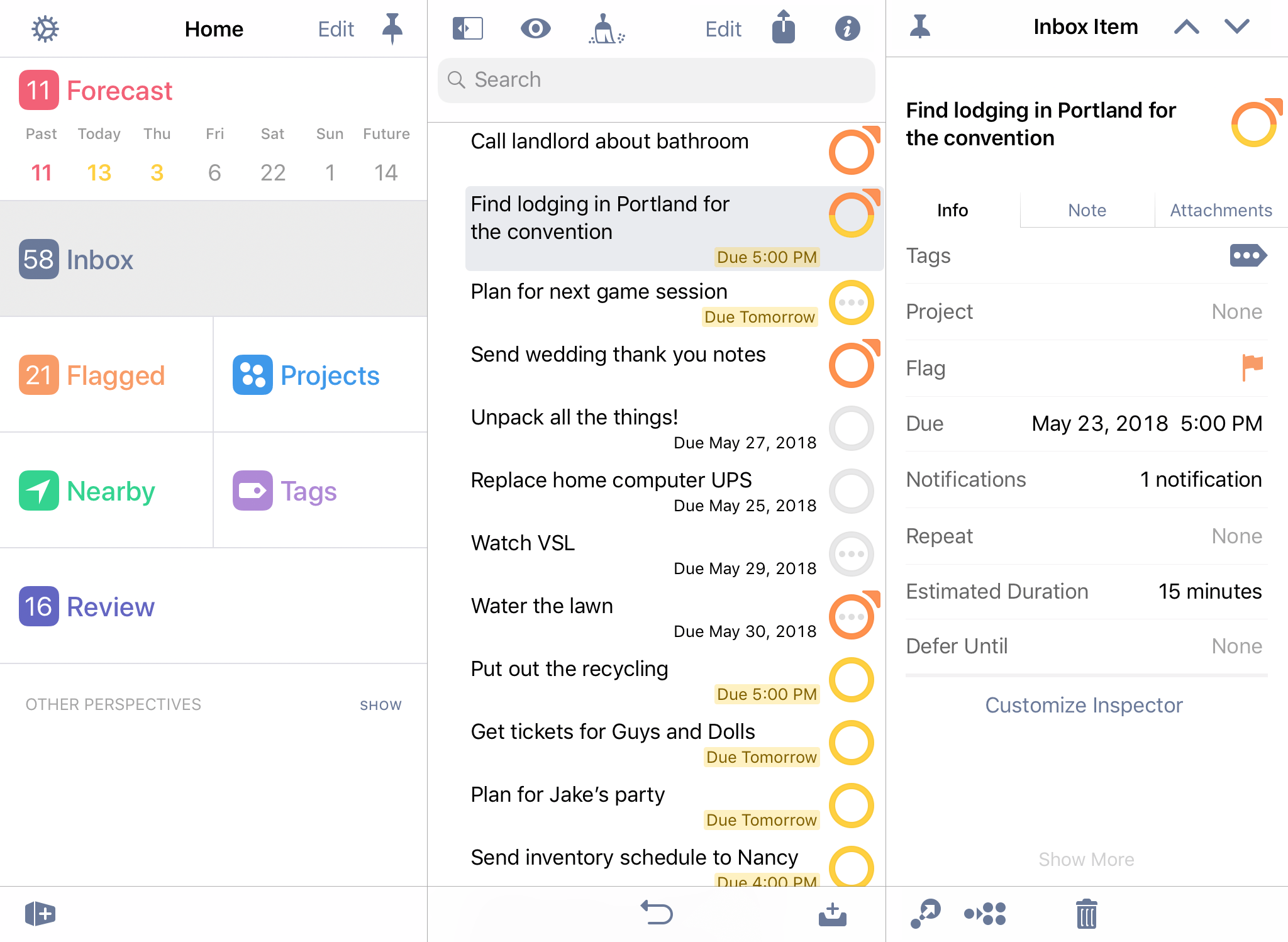 The Inbox perspective on iPad in wide view, with the sidebar and inspectors pinned.