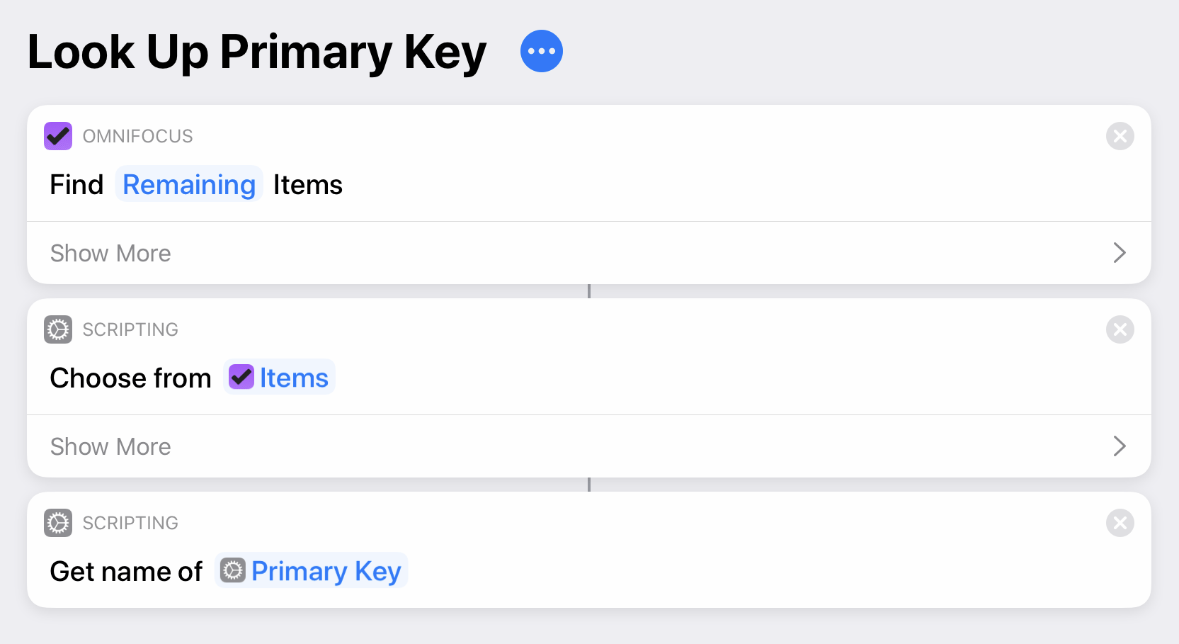 A sample shortcut for looking up an item's Primary Key.