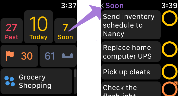 The Home screen and Today perspective in OmniFocus for Apple Watch.