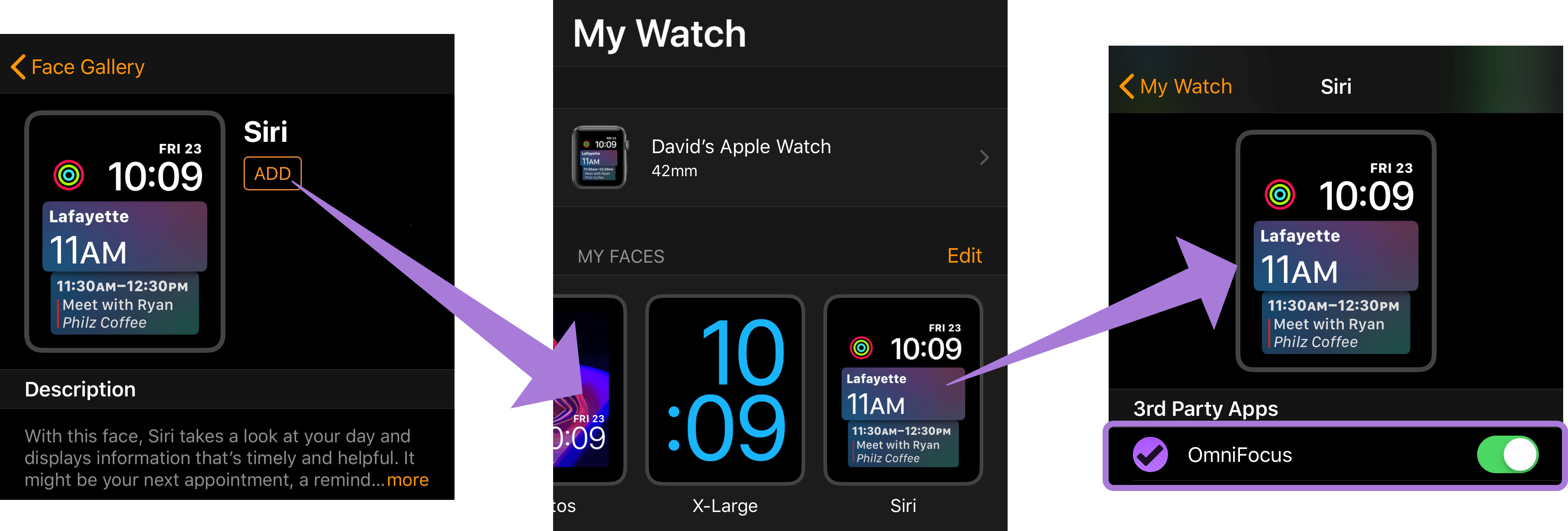 Turning on OmniFocus as a data source for Siri shortcuts on the Siri watch face of Apple Watch