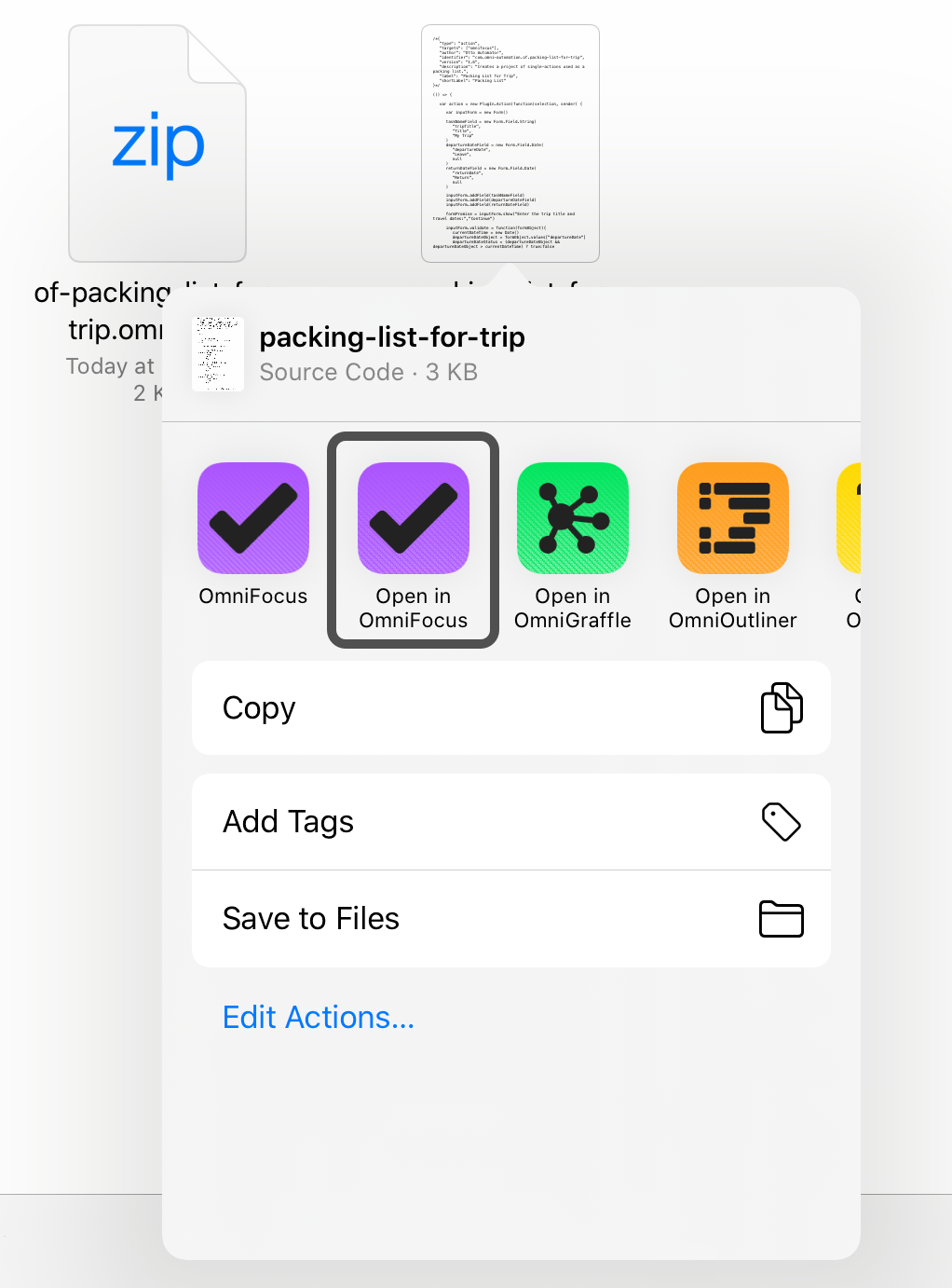 Using the Share menu to Open the Plug-In in OmniFocus.
