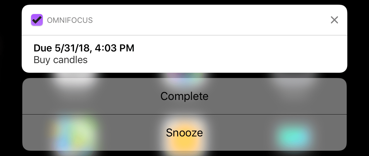 The details of an OmniFocus notification on the iOS home screen.
