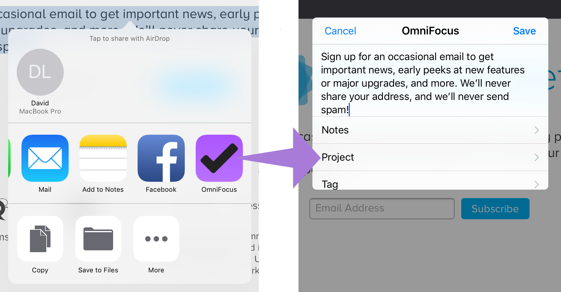 Sharing to OmniFocus using the OmniFocus quick entry-style share sheet.