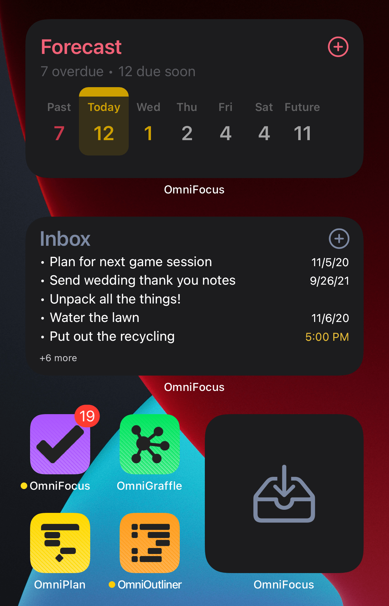 OmniFocus widgets on the iPhone Home Screen.