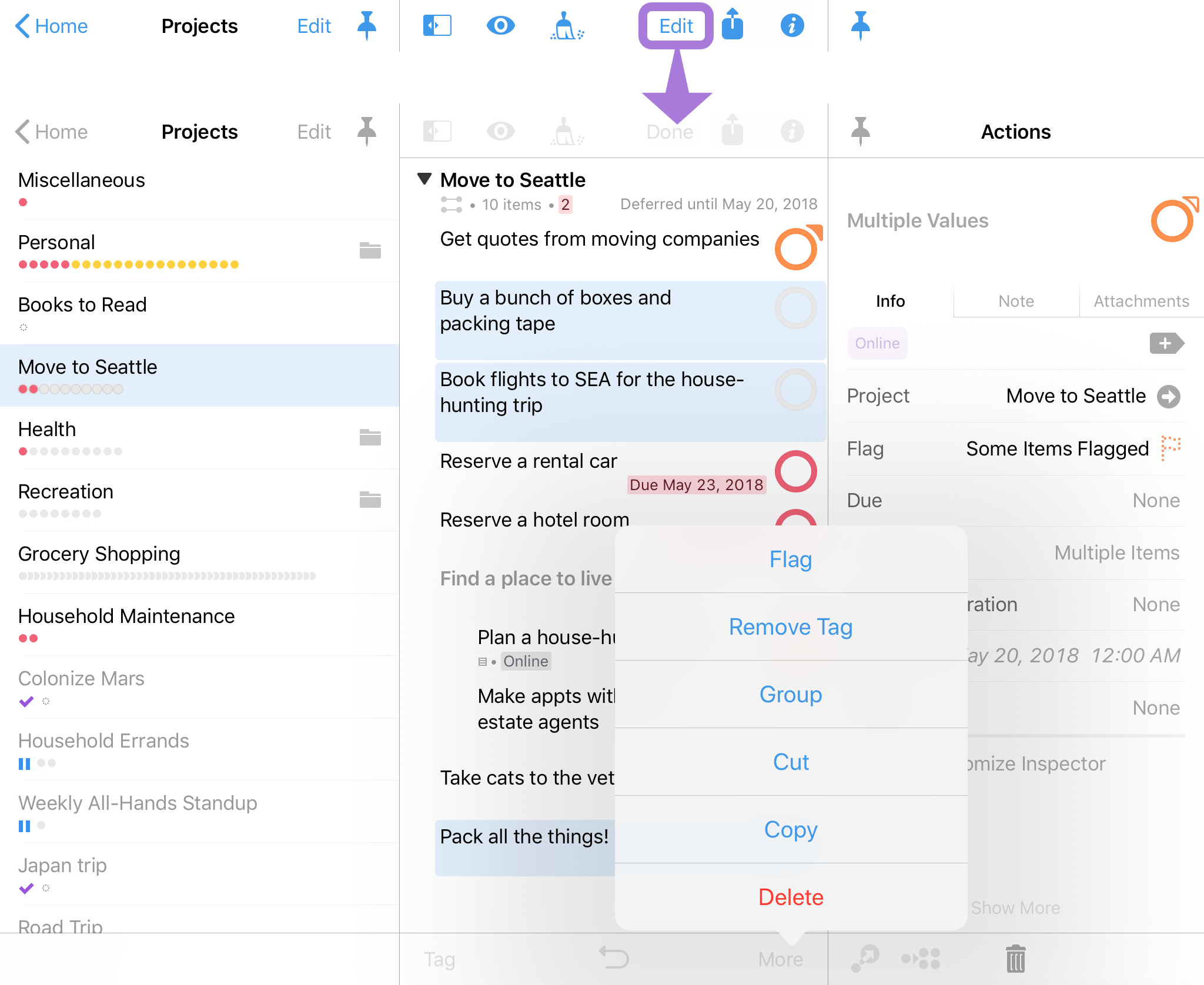 The three pane layout in Edit mode.