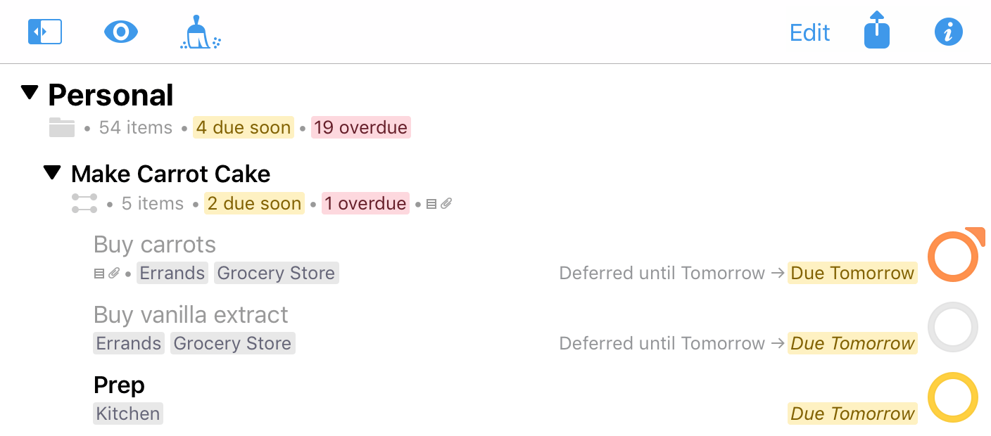 The outline in the center pane of OmniFocus 3, full of actions and projects to work on.