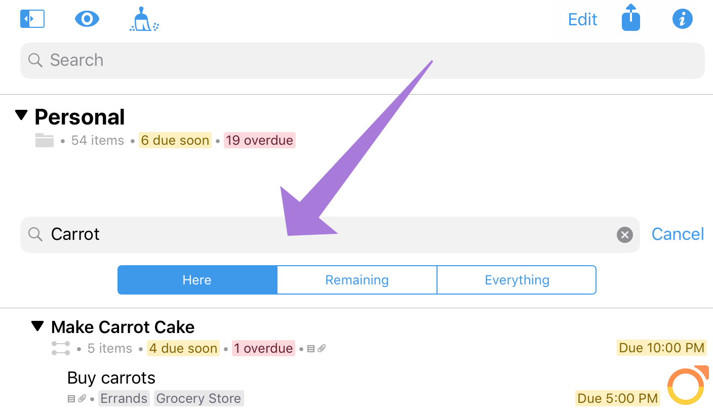 The Search bar, hidden beneath the toolbar in the Projects perspective, and the three scopes available for search when a term is entered.