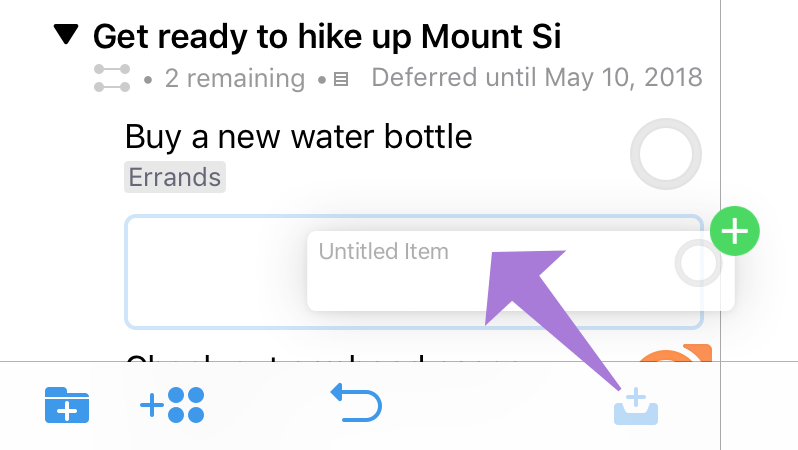 Dragging the New Inbox Item button into the outline adds a new action to a project in the hierarchy.