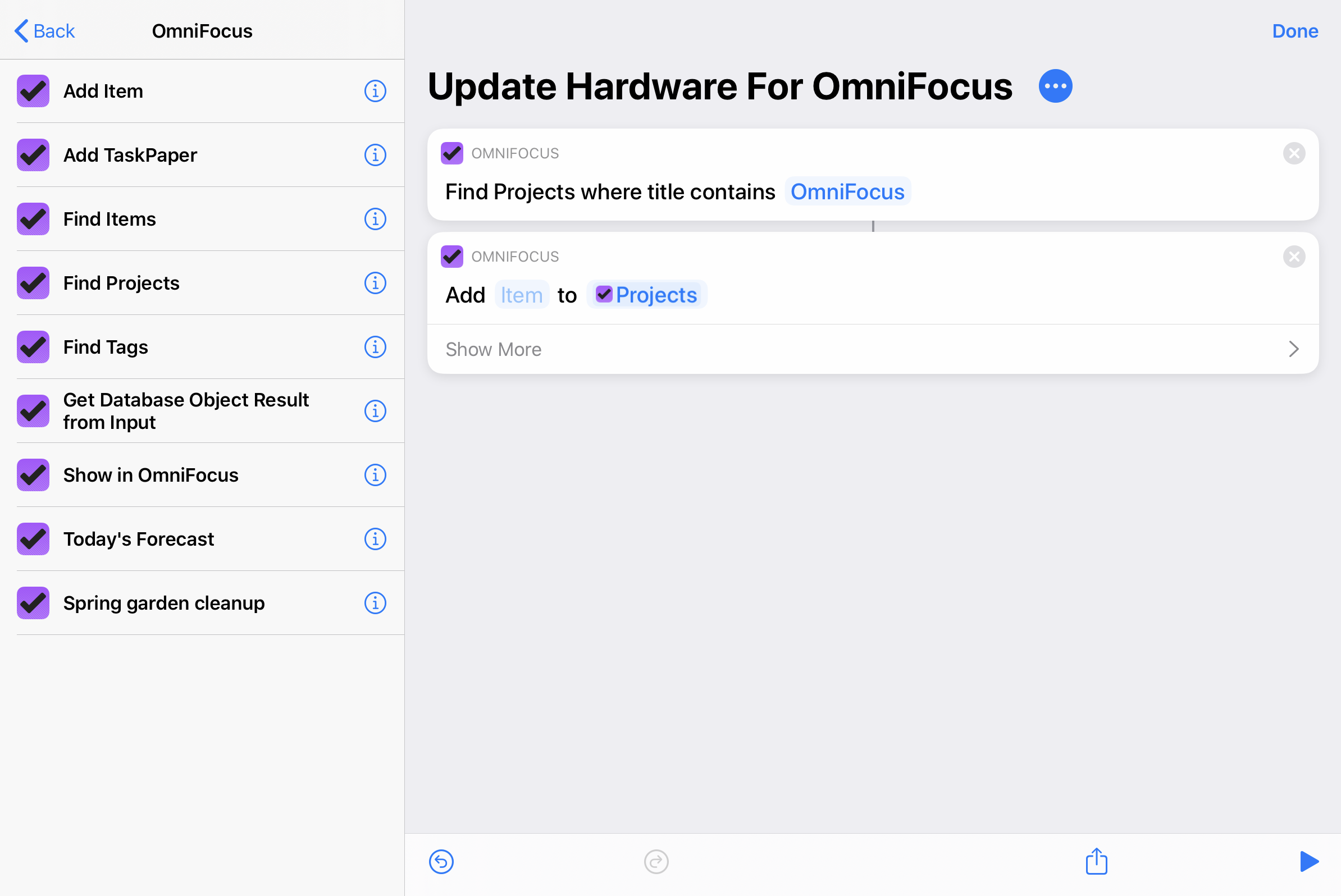 OmniFocus actions in the Shortcuts app.
