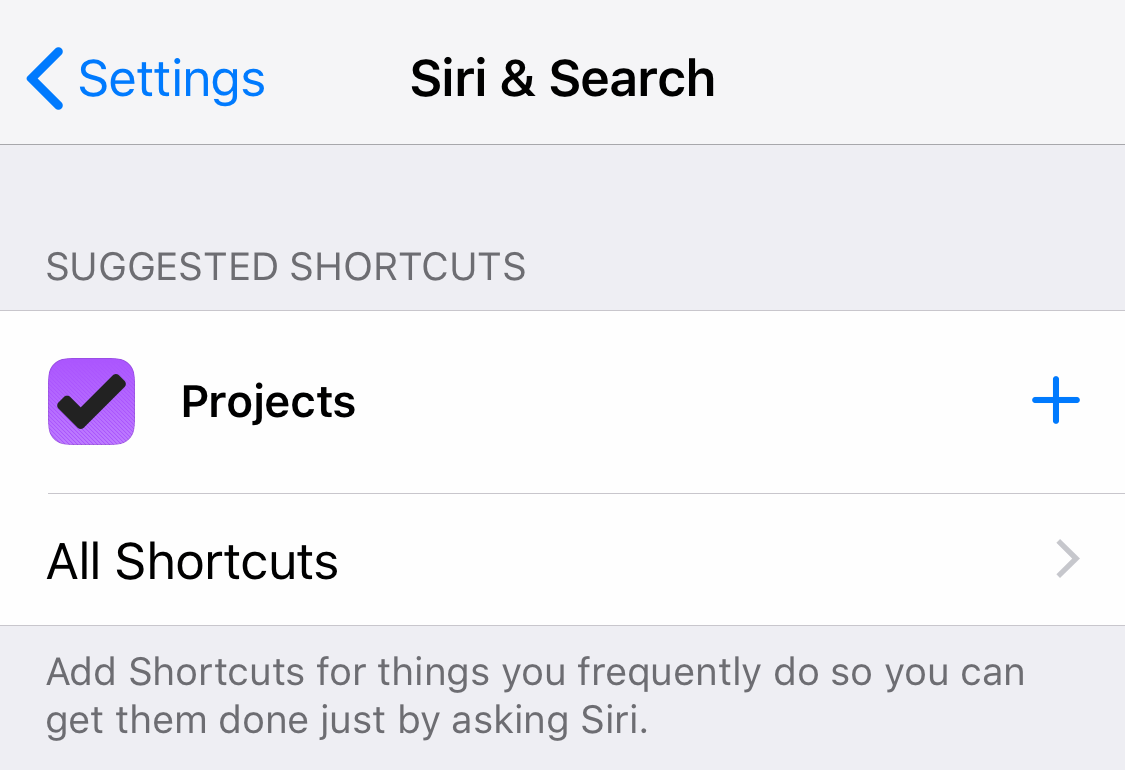 A suggested OmniFocus shortcut in Siri & Search settings in iOS 12