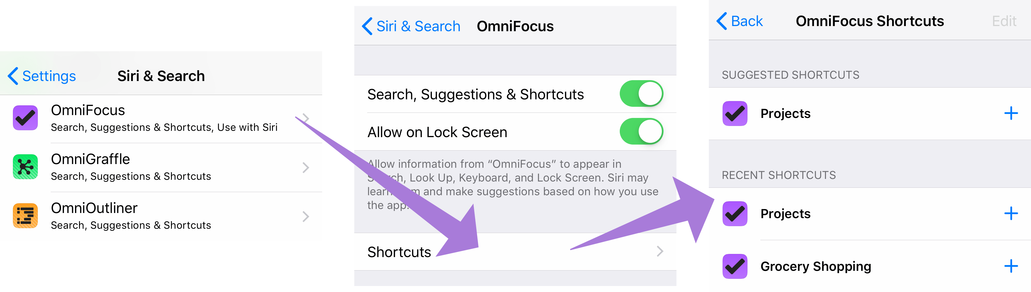 Navigating to the full list of recent OmniFocus shortcuts in iOS 12 Siri & Search settings