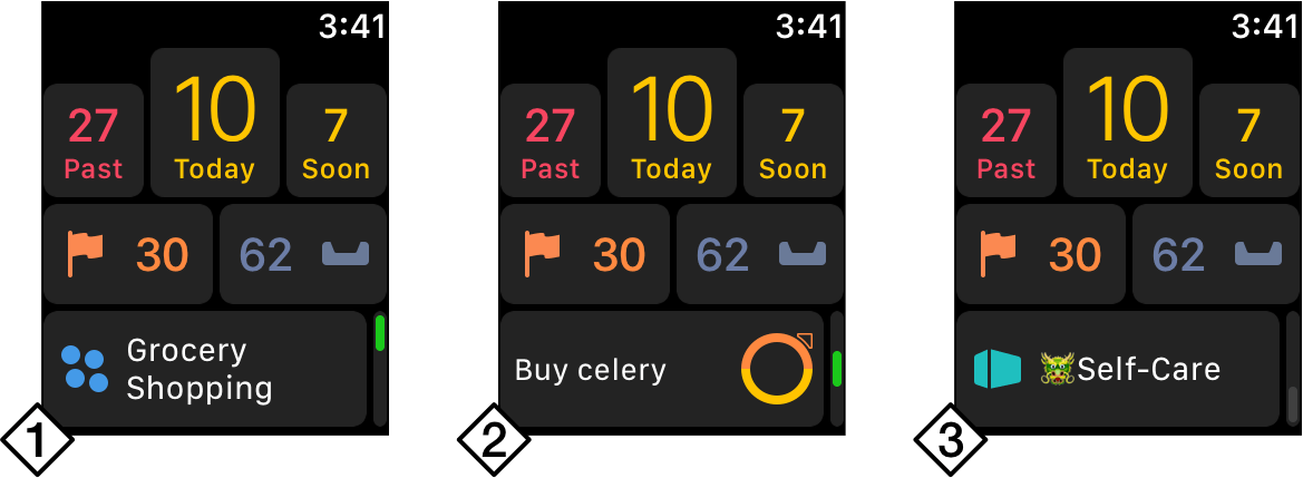The three display options for the continuity slot on the OmniFocus for Apple Watch home screen.