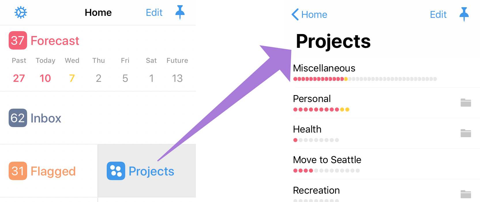 Navigating away from Home to the Projects perspective, which contains its own library with levels of nested hierarchy.