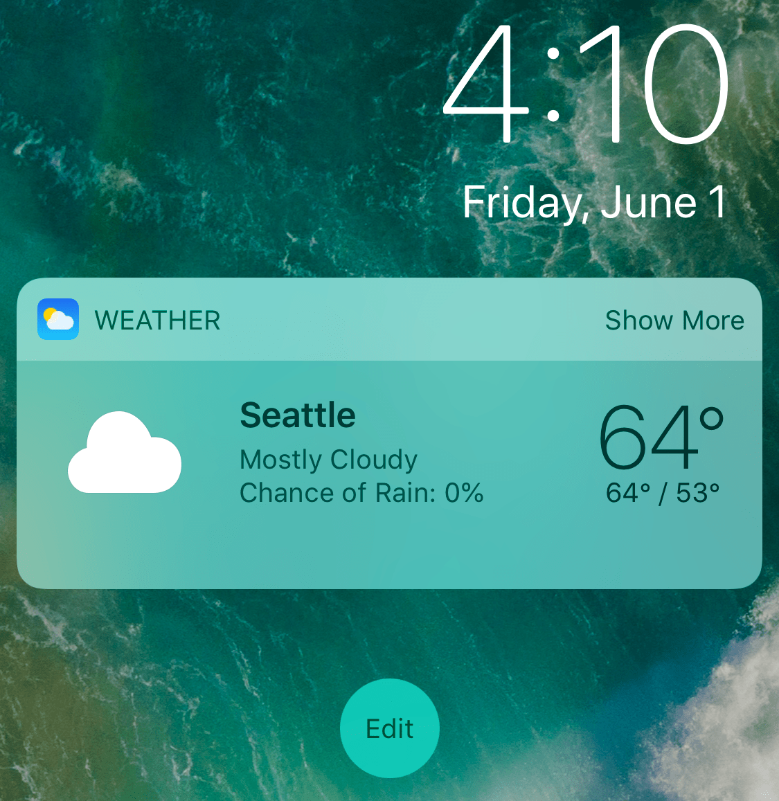 The Today view with the Weather widget shown.