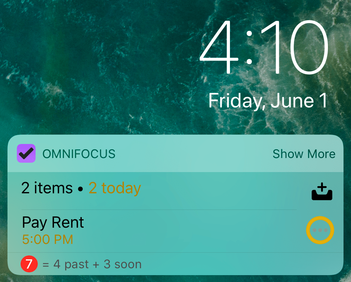 The OmniFocus Today widget on the Today screen.