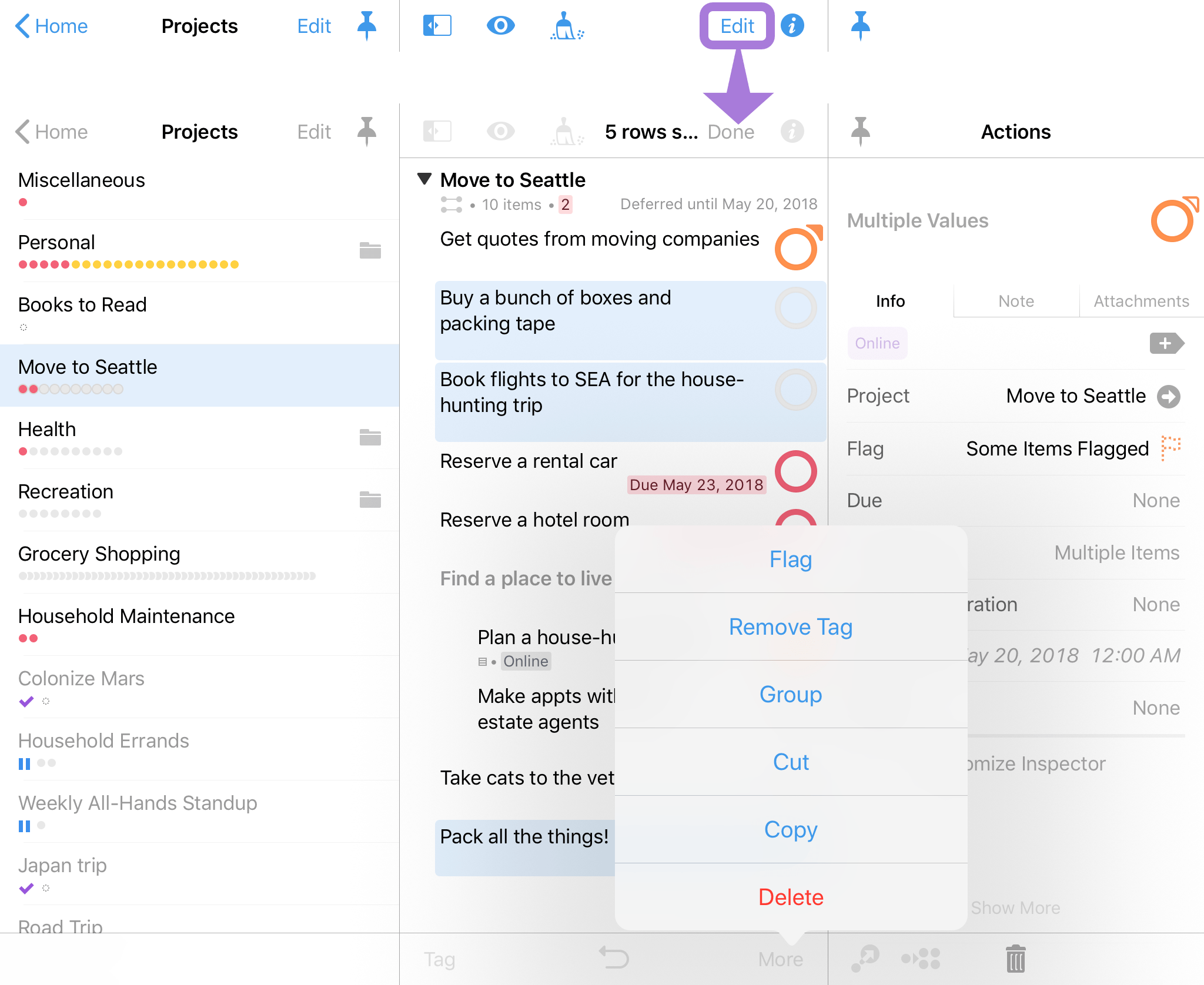 The three pane layout in Edit mode.