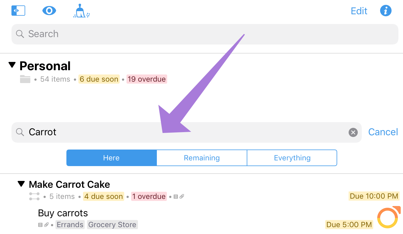 The Search bar, hidden beneath the toolbar in the Projects perspective, and the three scopes available for search when a term is entered.