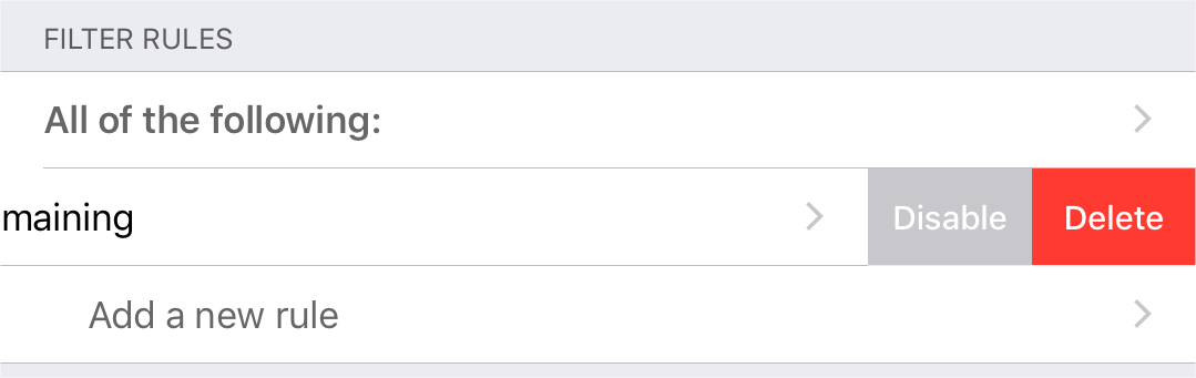 Swipe left to disable or delete a rule from the list of filter rules in the perspective editor.