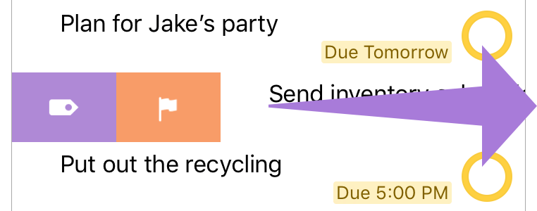 Swiping an item in the outline from left to right reveals options to flag or add the Forecast tag with OmniFocus Pro.