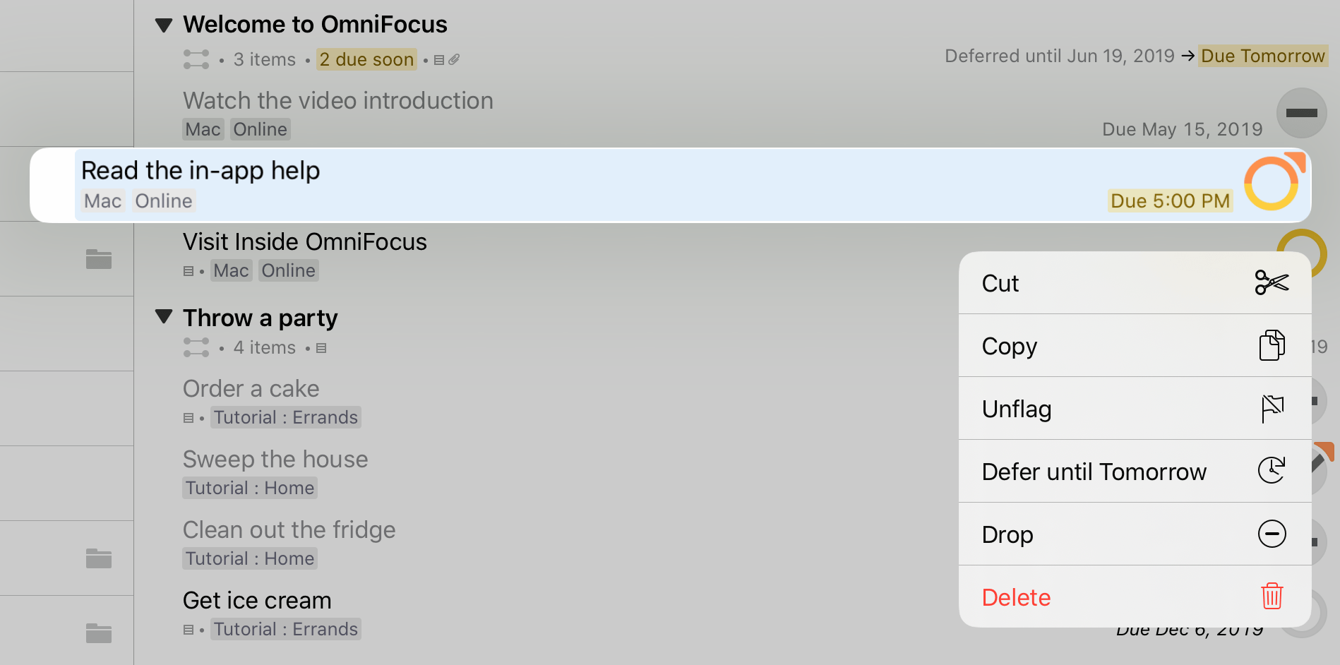 The contextual menu on a project in the outline.