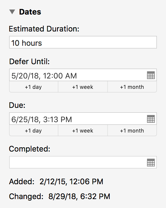 The Dates section of the inspector.