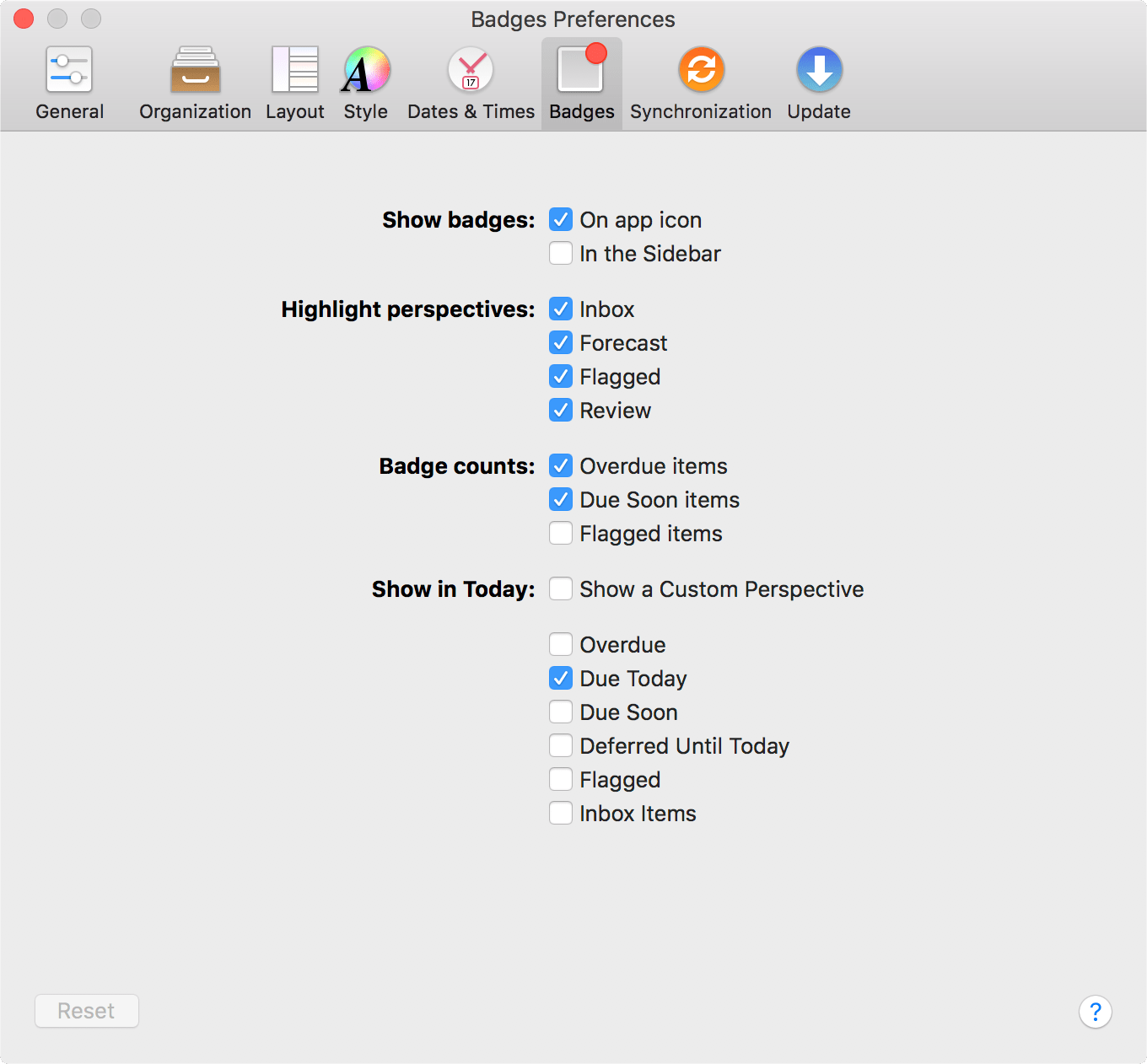 The Badges tab of OmniFocus Preferences.