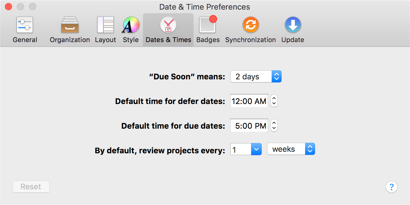 The Dates and Times tab of OmniFocus Preferences.